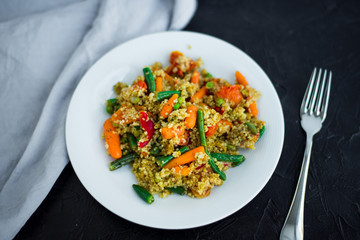 couscous with vegetables top view, healthy and tasty food