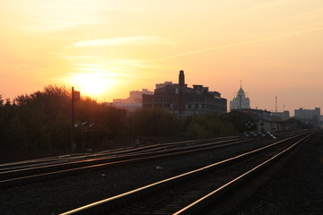 View on Ivanovo  station from rail way in sunset