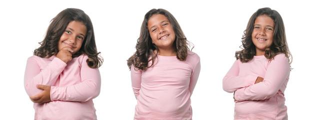 A girl in three different expressions in white background