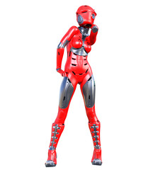 Robot woman. Red matte metal droid. Artificial Intelligence.