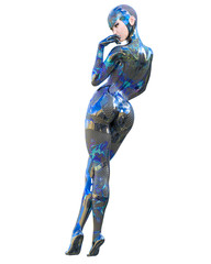 Cyborg Woman futuristic metallic neon suit.