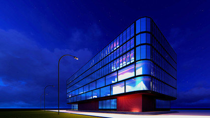 3D project of a multi-storey business center.In the background of the night sky in the summer.