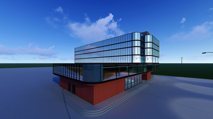 3D project of a multi-storey business center. Summer evening .