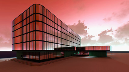 3D project of a multi-storey business center. Summer evening red sky with clouds.