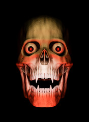 Closeup - front view of skull of vampire in red colors with eyes on black background - 3d render - Halloween concept