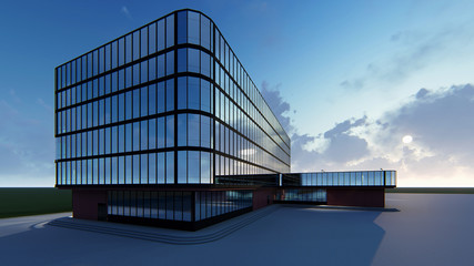 3D project of a multi-storey business center. Summer evening .