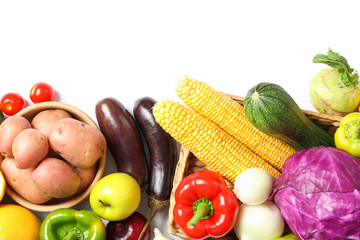 Composition with vegetables and fruits isolated on white. Top view