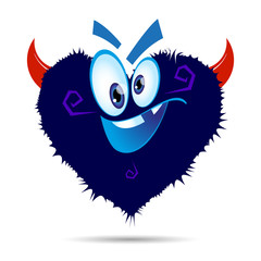 Cartoon fluffy monster with red devil horns. Crazy blue heart shaped character with big eyes. Halloween concept. Vector illustration