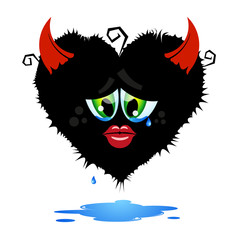Cartoon fluffy monster with red devil horns. Sad character with tears in his eyes, in the shape of a heart. Halloween concept. Vector illustration
