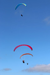  Paragliders flying  wings in a blue sky