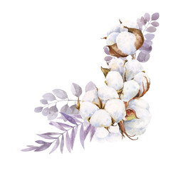 Elegant card in vintage watercolor style. This bouquet is made from flowers  cotton and twigs. It can be used for greeting card, invitation, wedding card, poster, mother's Day Card.