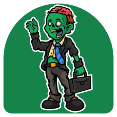 employe zombie man character wearing a torn suit is carrying a suitcase vector illustration