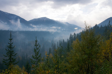 foggy mountain landscape in the national park, Canada road trip in fall