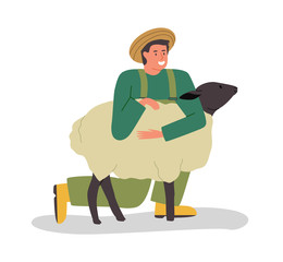 Happy farm man hugging cute sheep isolated