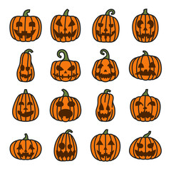 Pumpkin Halloween color line icons set, funny and scary faces.