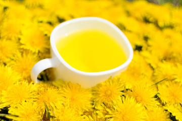 Obraz na płótnie Canvas Dandelion flower tea infusion in white cup close up