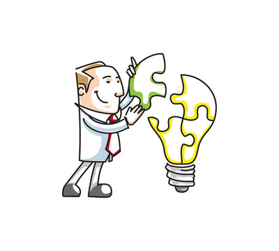 Cartoon Businessman Building Puzzle