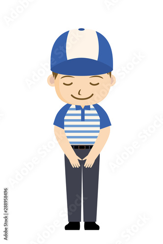 頭を下げる配送員 配達員 ドライバーのイラスト 半袖シャツ ボーダー 男性のキャラクター Wall Mural Globeds