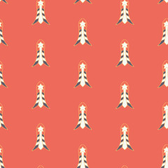 Vector Vintage Comet Rockets on Red seamless pattern background.