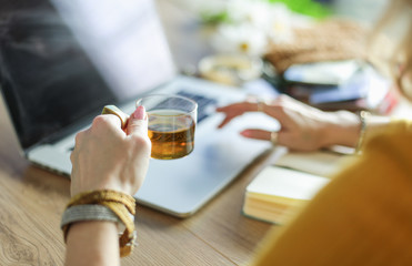 Young woman holding credit card and using laptop computer. Online shopping concept