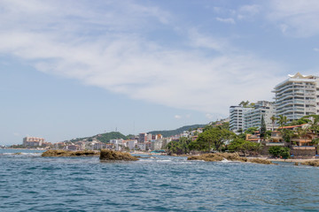 Fototapeta premium September 21,2019: view of the sea and the center of Puerto Vallarta, malecon Puerto Vallarta, Bay of flags