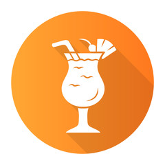 Pina colada orange flat design long shadow glyph icon. Footed glass with drink, slice of fruit and straw. Alcohol beverage. Sweet mix with rum and pineapple juice. Vector silhouette illustration