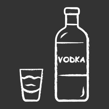 Vodka chalk icon. Bottle and shot glass with drink. Clear distilled alcoholic beverage consumed for drink and in cocktails. Isolated vector chalkboard illustration