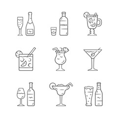 Drinks linear icons set. Alcohol drinks card. Vodka, hot toddy, wine, beer, martini, margarita, pina colada. Thin line contour symbols. Isolated vector outline illustrations. Editable stroke