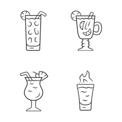 Drinks linear icons set. Cocktail in highball glass, hot toddy, pina colada, flaming shot. Mixes and soft drinks. Thin line contour symbols. Isolated vector outline illustrations. Editable stroke