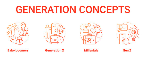 Fototapeta na wymiar Generation red concept icons set. Age groups idea thin line illustrations. Baby boomers. Classic lifestyle. Generation X. Peer groups. Vector isolated outline drawings. Gen Z and millennials