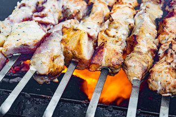 Shish kebabs on fire, baked meat on skewers on the grill.