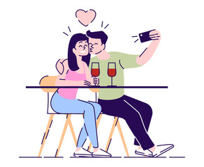 Couple selfie flat vector illustration. Man and woman in love making self portrait at dating. Guy kisses smiling girl for selfie photo on phone camera isolated cartoon character on white background