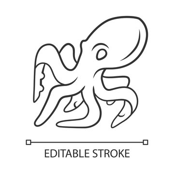 Octopus linear icon. Swimming underwater animal with tentacles. Marine creature. Aquatic invertebrate mollusk. Thin line illustration. Contour symbol. Vector isolated outline drawing. Editable stroke
