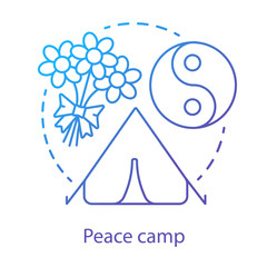 Peace camp concept icon. Anti war protest, hippie movement, pacifism idea thin line illustration. Yin yang symbol, tent and flowers bouquet vector isolated outline drawing. Nonviolent resistance