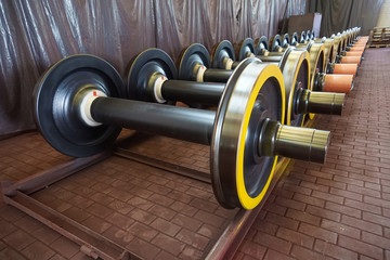 Wheelset railway, new at the warehouse after manufacturing, ready for sale.