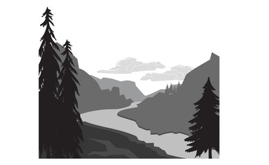 Mountains and River Landscape Vector Silhouette