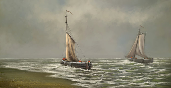 Digital oil paintings sea landscape, sailing boat in the sea. Fine art.