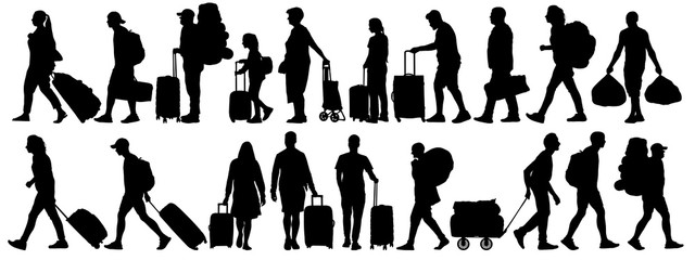 Crowd of people tourists. People with suitcases bags and backpacks. Migration of people. Vector silhouette isolated set