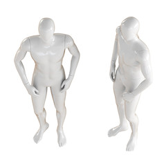 Two white faceless mannequin man standing in the usual free pose, top view. Isolated on a white background. 3D rendering