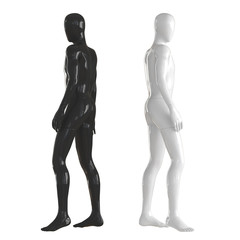 Black and white mannequin stand with their backs to each other. Isolated on a white background. 3D rendering