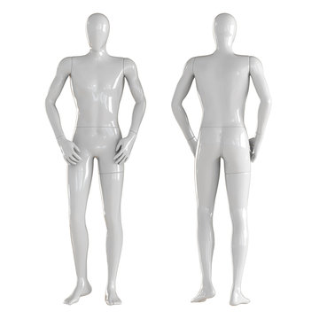 Two white faceless mannequin guy stand one face forward, the other with his back. 3D rendering