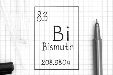 The Periodic table of elements. Handwriting chemical element Bismuth Bi with black pen, test tube...