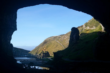 The fjord Geodha Smoo seen from the entrance of Smoo Cave in the Scottish highlands