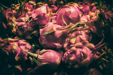 Natural fruit background from tropical exotic fruits of pitaya, dragon fruit