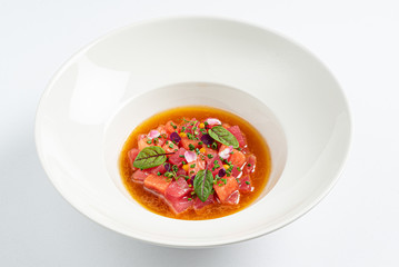 beetroot soup on the white plate