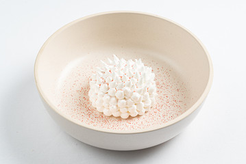 meringue with mango sauce on the white plate