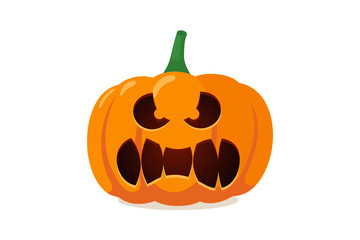 Funny scary spooky smile pumpkin jack o lantern with creepy tooths. Traditional decoration symbol of autumn halloween holiday celebration. Vector illustration isolated on white background