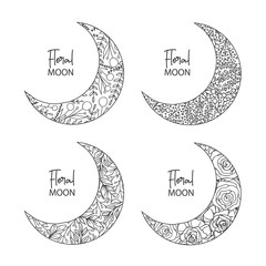 Hand Drawn Collection of Floral Moon Shapes wit place for text