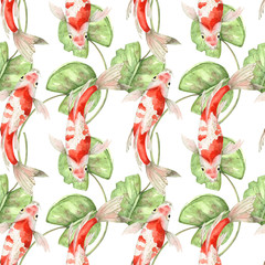 seamless background, golden carps fish pattern on a white background with green leaves, watercolor illustration