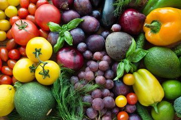 Assortment of bright vegetables, top view. Healthy antioxidant nutrition food. 